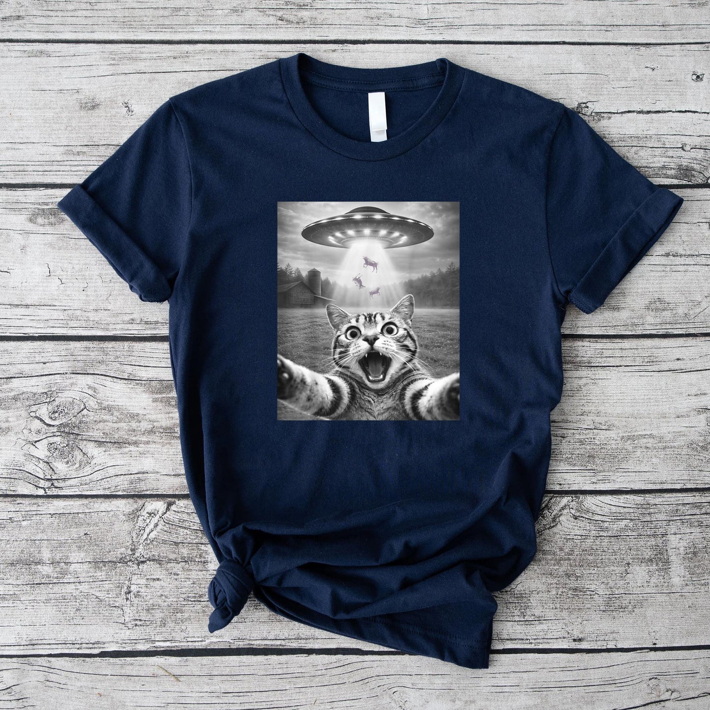 Alien Cat Selfie UFO Gifts Men n Boys Graphic Funny Cat T-Shirt