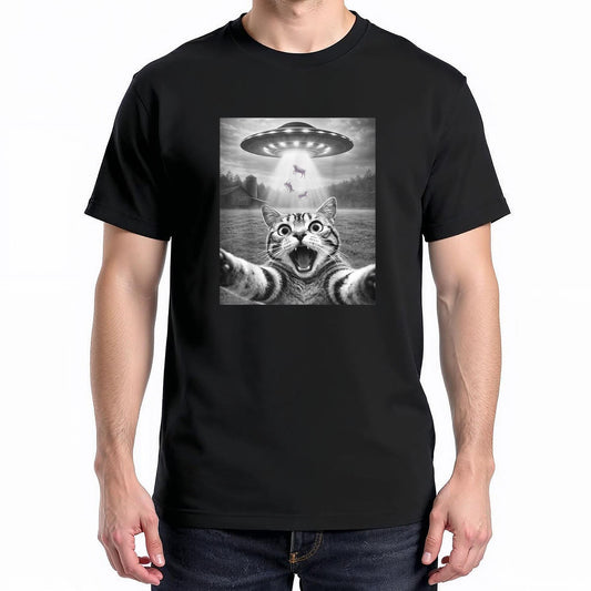 Alien Cat Selfie UFO Gifts Men n Boys Graphic Funny Cat T-Shirt