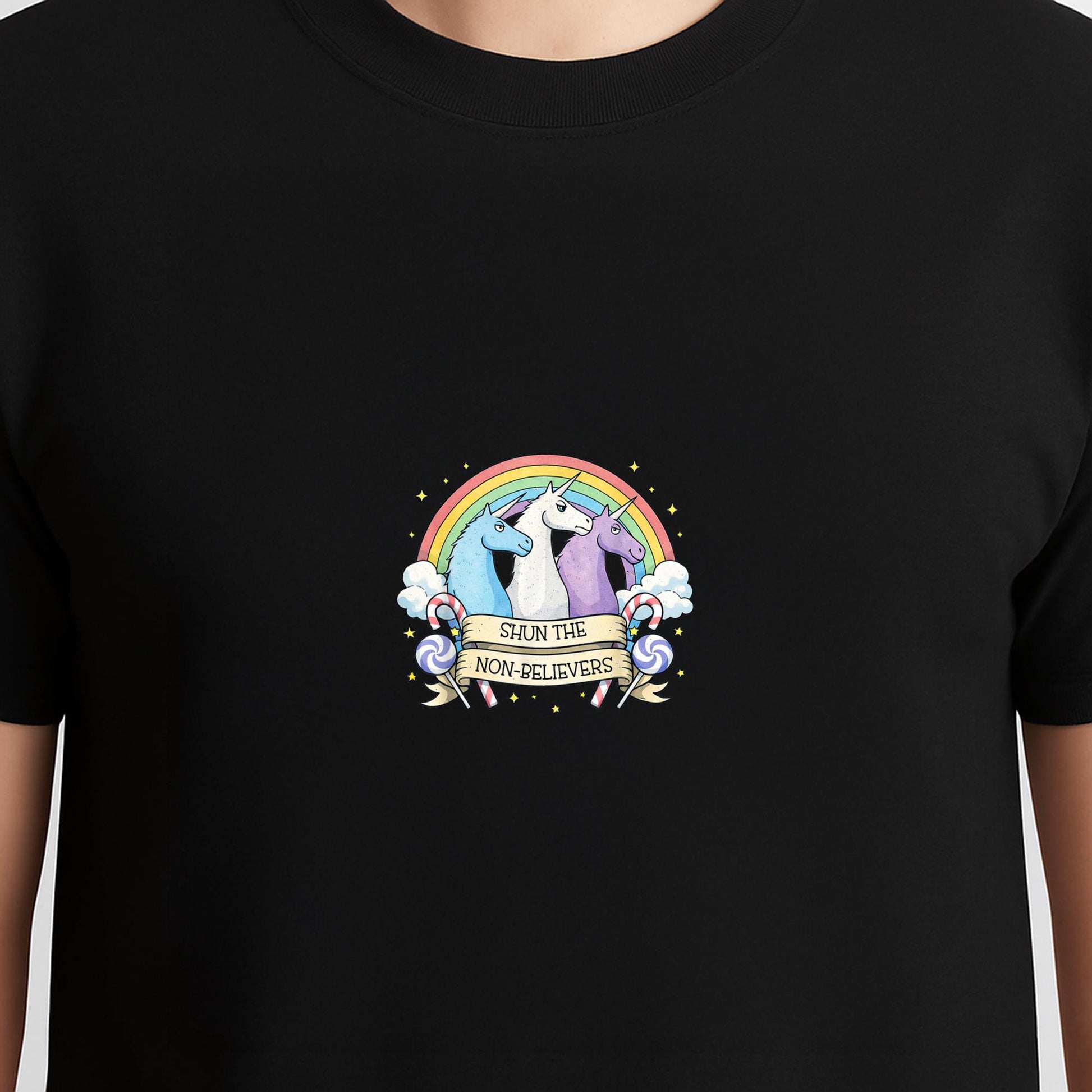 Funny Shun The Non-Believers Unicorn Candy Tee T-Shirt